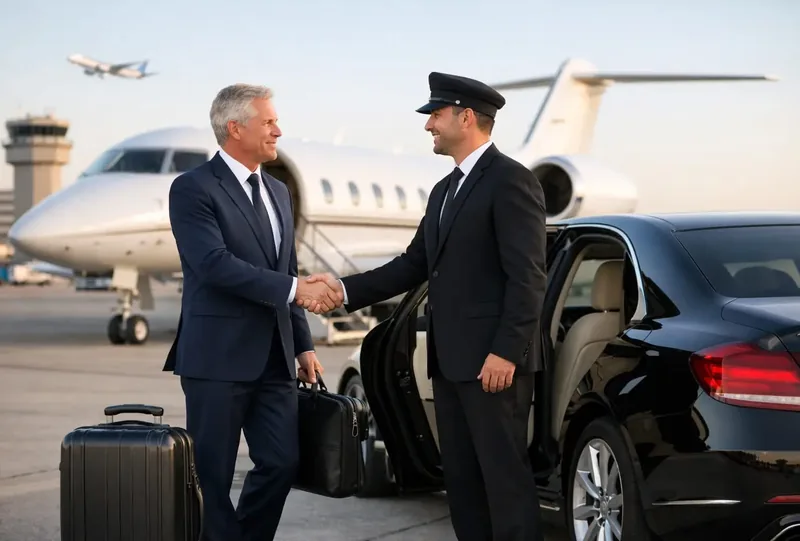 Chauffeur greeting a client beside a black sedan at a private jet terminal